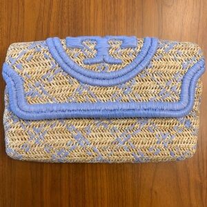 Tory Burch Fleming Straw Clutch Soft Blue